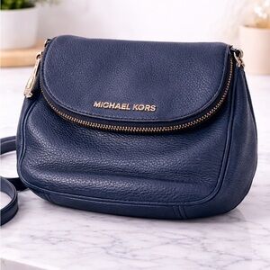 Michael Kors Navy Pebbled Leather Crossbody with Gold Accents